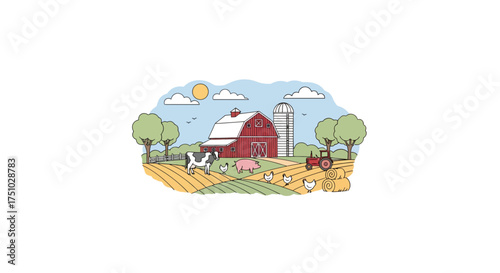 Vibrant stylized rural landscape depicting a classic American farm scene, conveying simplicity and