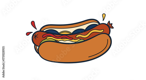 Whimsical cartoon hotdog delight illustration with dynamic sauce and toppings elements