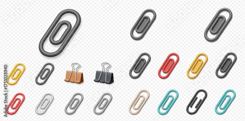 Collection of paper clips in various colors and styles on a transparent background.