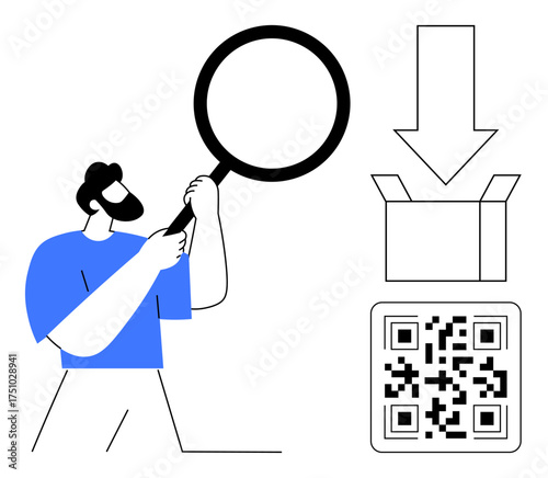 Man using magnifying glass to inspect packaging elements, including QR code and box. Ideal for e-commerce, shipment, logistics, QR technology, product authentication, accuracy, modern inspection