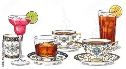 Elegant assortment of refreshing beverages and warm drinks in decorative glassware set