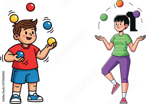 rtoon children juggling balls, physical coordination, motion illustration, playful activity, balance skill, colorful performance, fun exercise, animated kids scene