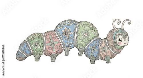 Whimsical caterpillar illustration with intricate floral and paisley patterns in pastel hues