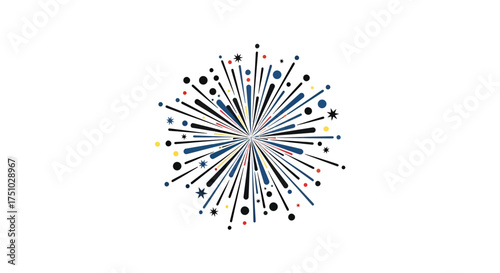 Whimsical burst of colorful geometric shapes emanating from a central point design