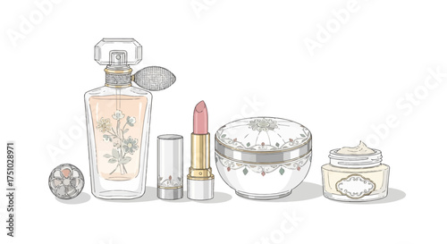 Elegant beauty collection: Perfume, lipstick, cream and skincare products illustration