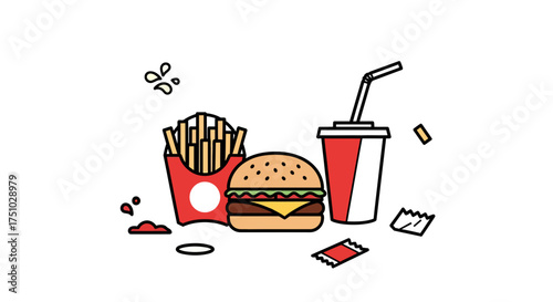 Whimsical Fast Food Still Life with Burger, Fries and Soda for Graphic Design