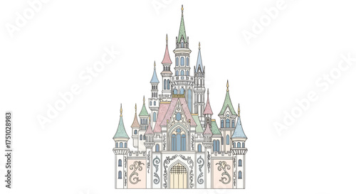 Whimsical fairytale castle illustration with pastel hues and intricate linework on white background