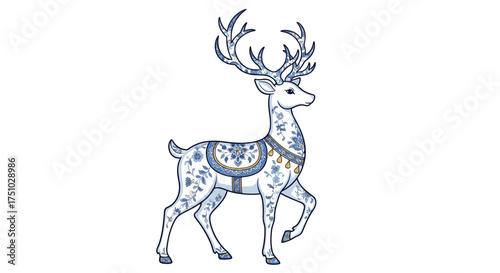 Elegant ceramic deer with floral pattern and ornamental saddle design artwork