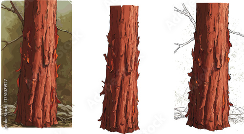 Realistic pine tree bark trunk illustration set with natural forest background and detailed texture for nature design and vector artwork
