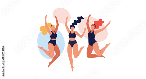 Three diverse women jumping and celebrating body positivity and self love.