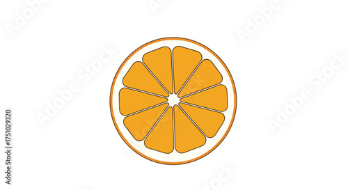 Bright orange citrus fruit slice with segments and rind detail on a white background.
