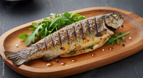 Grilled rainbow trout fish on wooden plate with fresh arugula leaves. Healthy seafood cuisine for restaurant menu or cooking blog. Delicious meal.