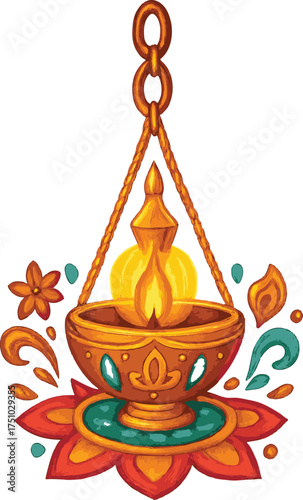 Ornate Hanging Diya with Lotus and Chain