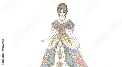 Elegant victorian princess in a detailed gown with a tiara and intricate patterns for children's