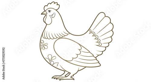 Elegant stylized hen illustration with intricate floral designs for textile products