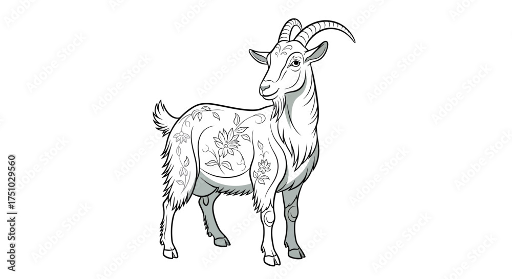 Fototapeta premium Illustrative outline of a goat adorned with floral designs offering a tranquil and serene