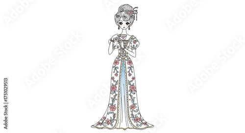 Ethereal elegance: A delicate depiction of a woman in a vintage floral gown sippping tea