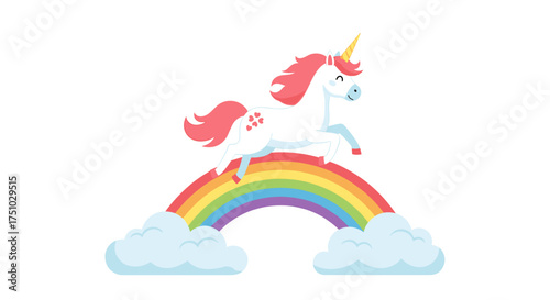 A whimsical white unicorn with a pink mane gracefully gallops across a vibrant rainbow arching over fluffy white clouds.