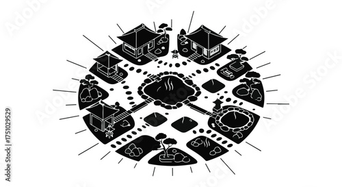 Stylized isometric village layout with central pond and radiating paths
