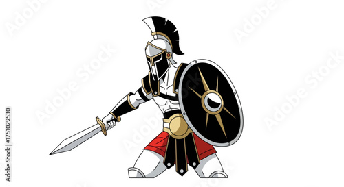 Illustrative depiction of a gladiator, armed and armored, engaging in combat ready