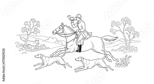 Equestrian pursuit rendered in crisp lines, featuring a foxhunt scene with dogs and trees