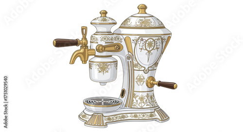 Exquisite ornamental coffee machine adorned with intricate golden floral patterns and accents