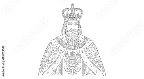 Illustrative detailed linear artwork showcasing a regal sovereign with royal crown and cloak