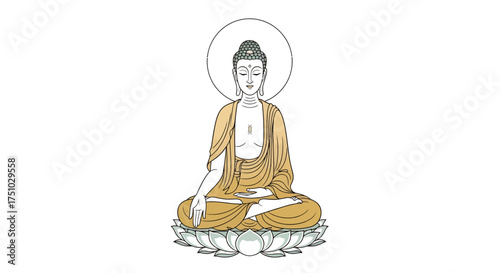 Illustrative depiction of Buddha in meditation on a lotus flower, radiating serenity and