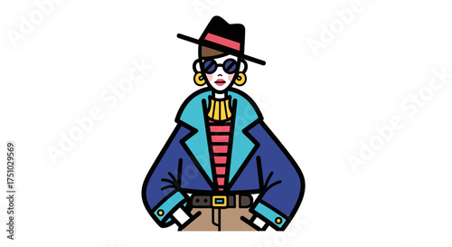 Fashionable cartoon woman character illustration with colorful apparel and accessories