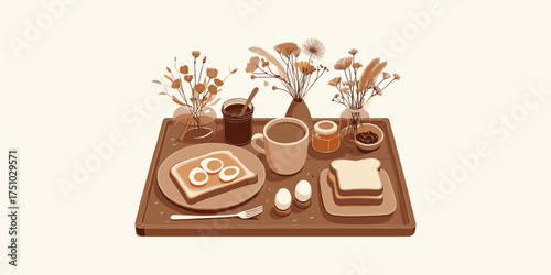A Tray of Simple Morning Delights Toast, Eggs, and Flowers