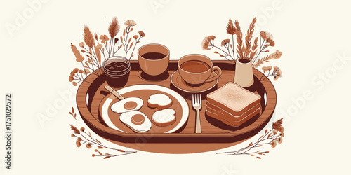 Artistic illustration of a warm and cozy breakfast tray featuring fried eggs, toast, and coffee in a rustic, monochrome style