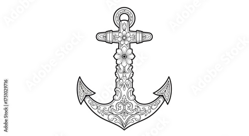 Intricate floral ornamental anchor illustration on a white canvas offering graphic possibilities