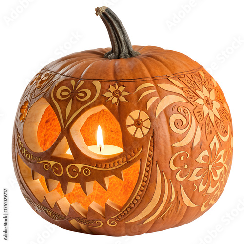 Carved Jack-O’Lantern Pumpkin Isolated on White Background – Halloween Decoration, Spooky Face Lantern, and Autumn Holiday Symbol Design