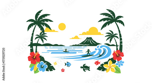 Idyllic tropical surf scene with volcano, flowers, palm trees, sun, and surfers