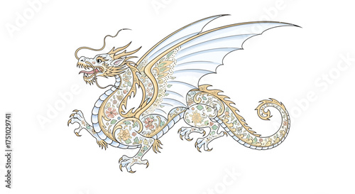 Intricate floral pattern adorned dragon illustration against a clean white backdrop