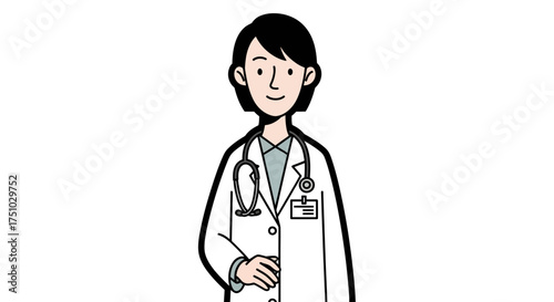 Illustrated female doctor in white coat with stethoscope in a clinical setting illustration