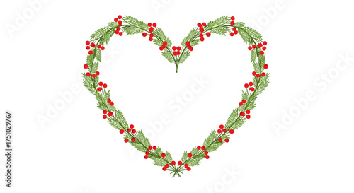 A beautiful heart-shaped wreath adorned with green leaves and red berries.