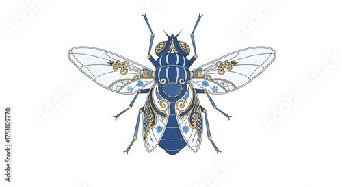 Intricate fly illustration showcasing a blue and gold ornamental design on a clean white background