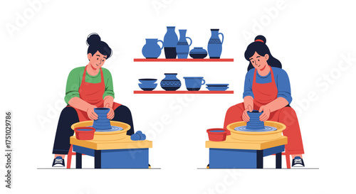 Two people working together to create pottery on a wheel.