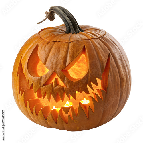 Carved Jack-O’Lantern Pumpkin Isolated on White Background – Halloween Decoration, Spooky Face Lantern, and Autumn Holiday Symbol Design