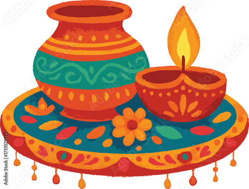 Festive Diya and Clay Pot on a Decorated Tray
