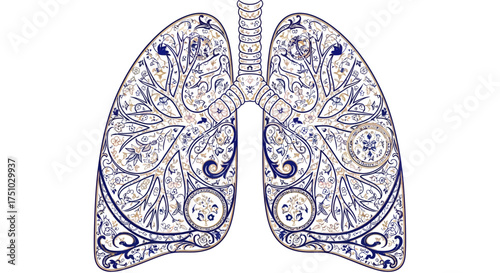 Intricate pulmonary system illustration with ornate floral and anatomical elements