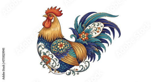 Intricate rooster design showcasing floral and ornamental embellishments on a pristine white