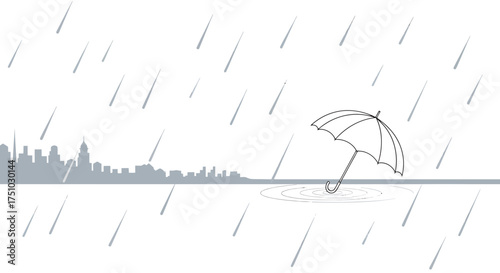 Minimalist monochromatic cityscape beneath a rainy downpour protected by an umbrella