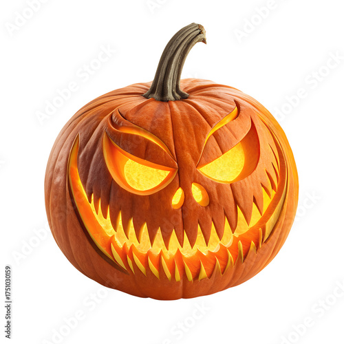 Carved Jack-O’Lantern Pumpkin Isolated on White Background – Halloween Decoration, Spooky Face Lantern, and Autumn Holiday Symbol Design