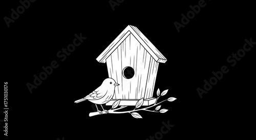 Monochrome birdhouse illustration perched robin on branch against solid backdrop