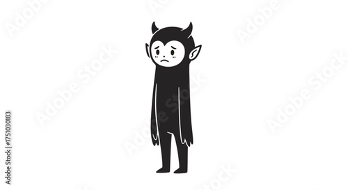 Monochrome cartoon devil character expressing somber mood with drooping face and horns