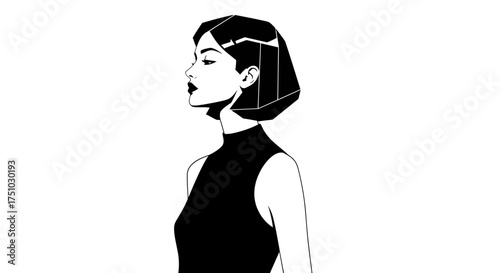 Monochrome digital illustration of a woman with angular bob and bold lipstick profile view against