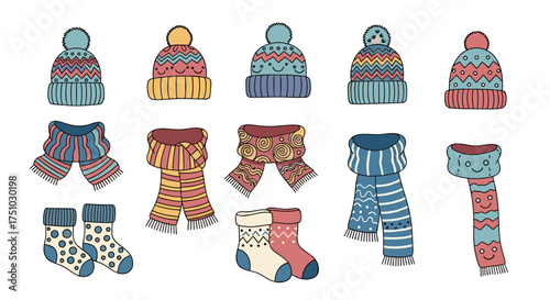 A delightful assortment of knitted winter accessories for children including colorful hats scarves and socks.
