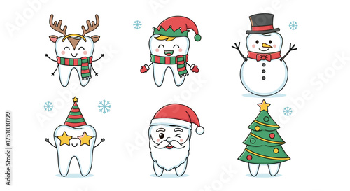 Cute cartoon teeth celebrating the winter holidays with festive costumes and decorations.